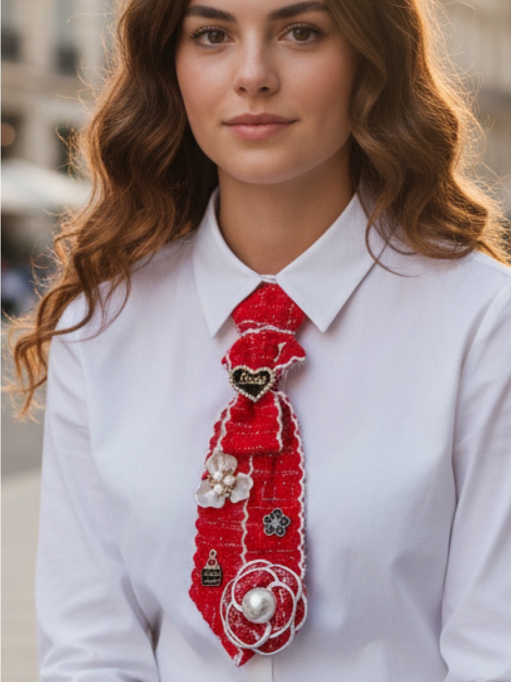 Women’s Red Embellished Tie Clip On Pin Academia Coquette Fabric Roses Brooches